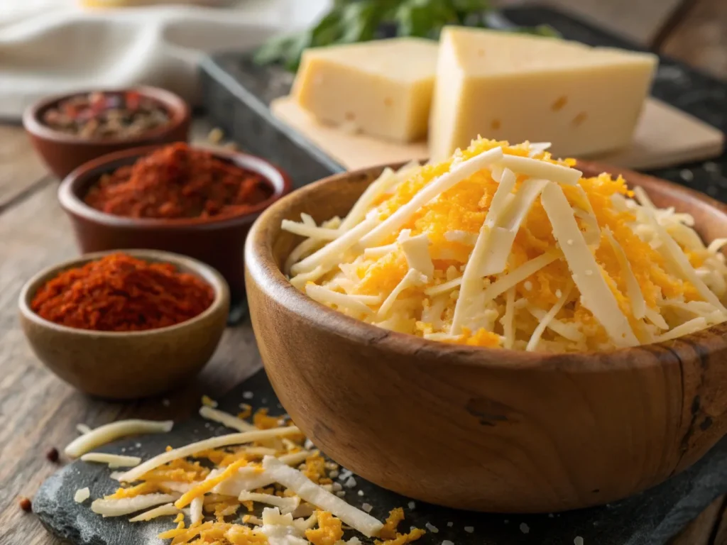 Shredded cheddar, pepper jack, and Parmesan cheese in a wooden bowl, with Cajun spices like paprika and cayenne in the background.