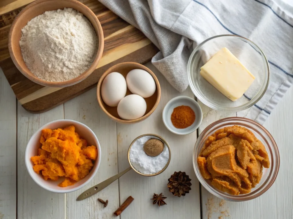 Key ingredients for pumpkin pie cookies, including pumpkin puree, flour, eggs, butter, and spices, displayed on a wooden countertop.