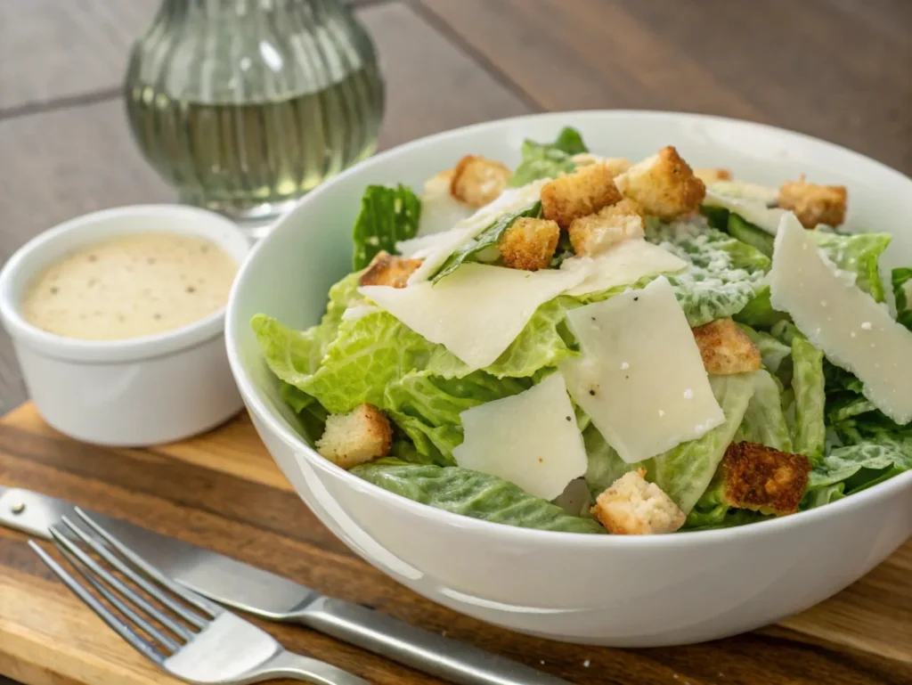 A fresh Caesar salad with romaine lettuce, Parmesan cheese, and croutons, a great side dish for French onion soup.