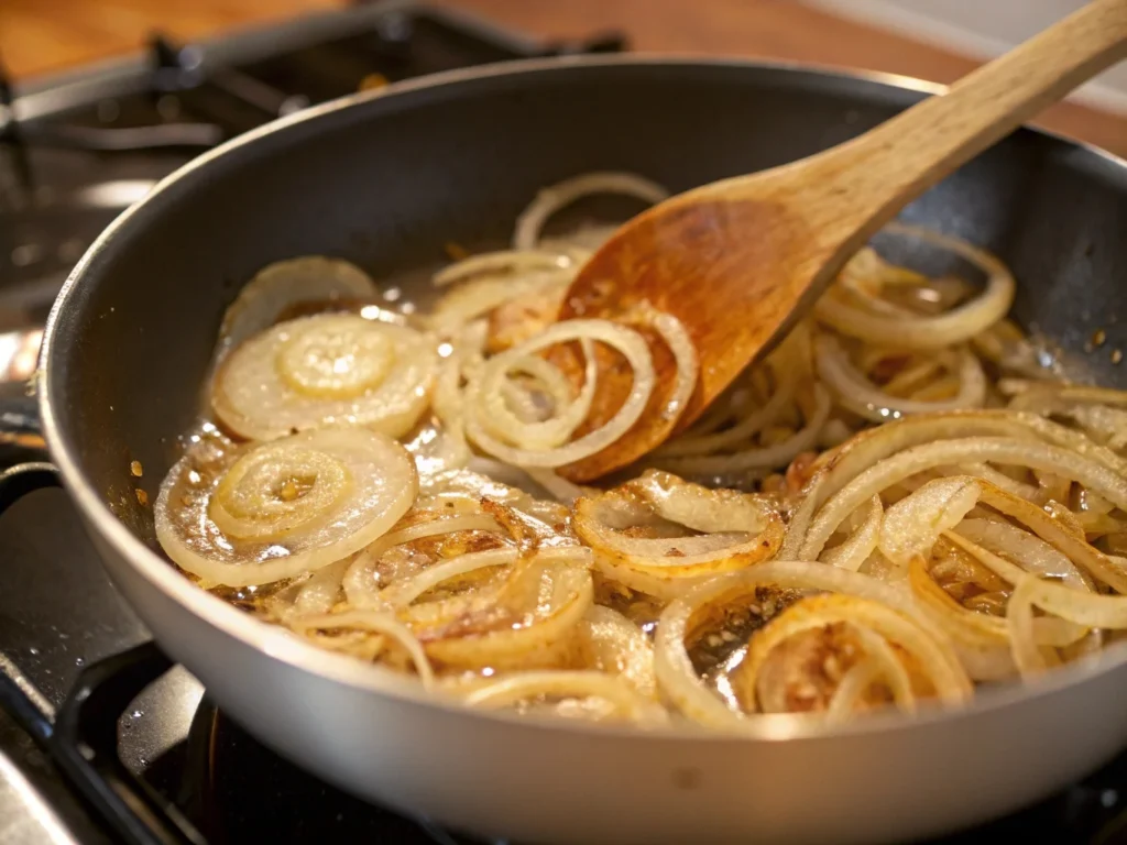 Thinly sliced onions caramelizing in butter, turning golden brown in a pan, a key step in making French onion soup with soufflé topping.