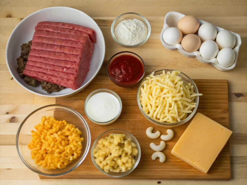 All ingredients for mac and cheese meatloaf casserole, including ground beef, shredded cheese, macaroni, eggs, milk, BBQ sauce, crackers, and seasonings, displayed on a wooden countertop.