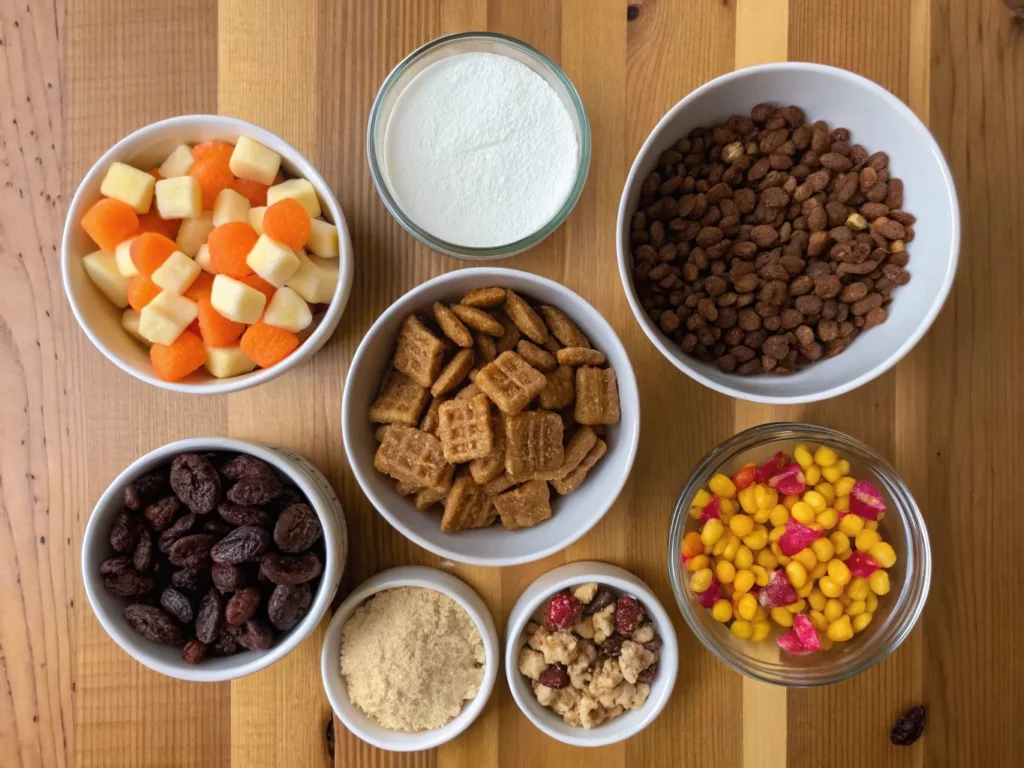 A top-down view of Fall Buddy Mix ingredients, including Chex cereal, nuts, dried fruits, candy corn, chocolate chips, and seasonal spices, neatly arranged on a wooden countertop.