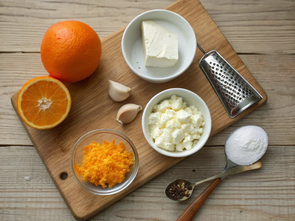  Fresh ingredients for Orange Cottage Cheese Dip, including cottage cheese, orange, cream cheese, garlic powder, and salt, arranged on a wooden counter.