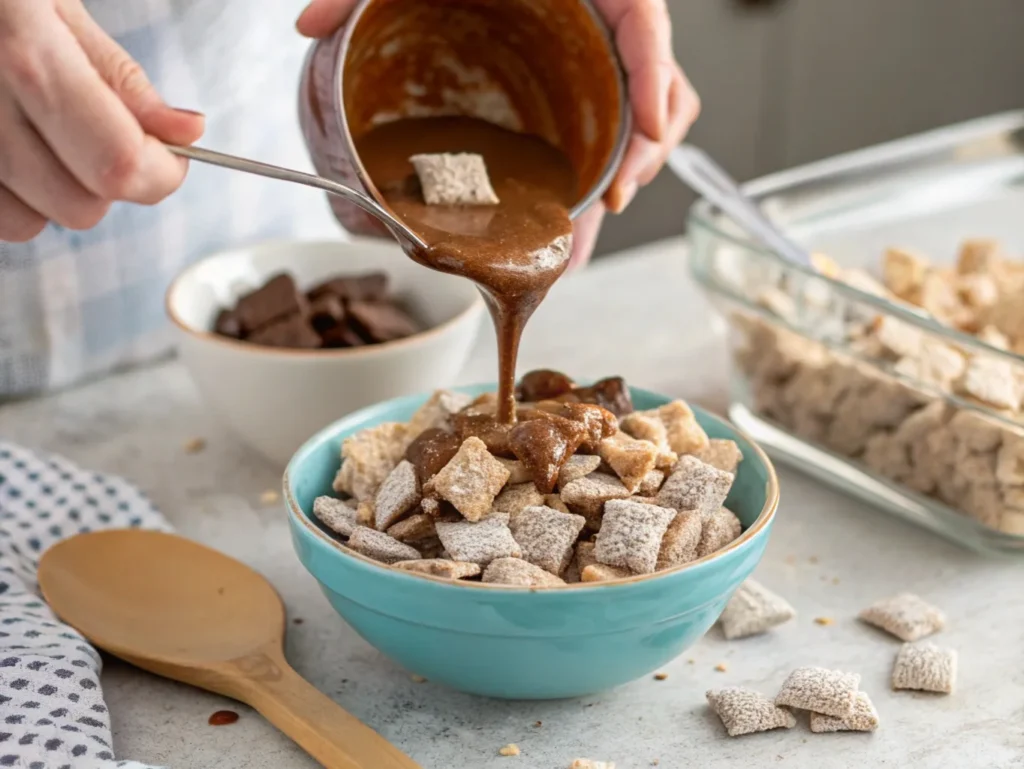 Hands pouring melted chocolate and peanut butter over a bowl of Rice Chex cereal while preparing gluten-free homemade Muddy Buddies.