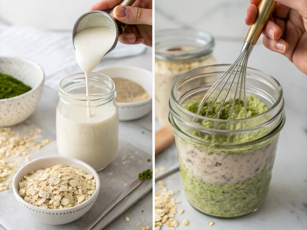 Step-by-step preparation of matcha overnight oats, with oats, milk, and matcha powder being mixed in a mason jar.