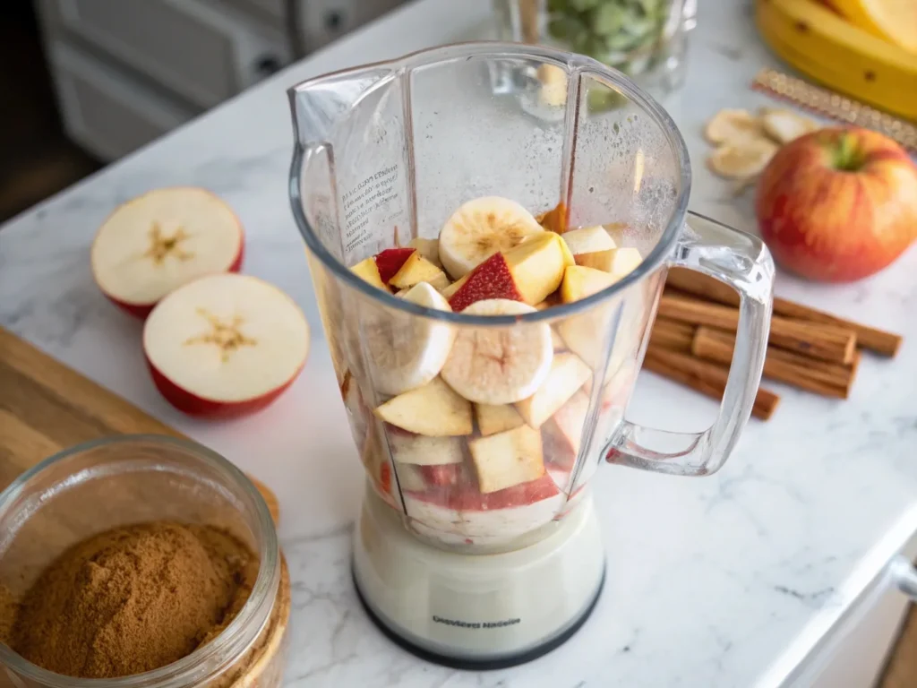 A blender filled with chopped apples, banana slices, milk, and cinnamon, showing the step-by-step process of making a healthy fruit smoothie.