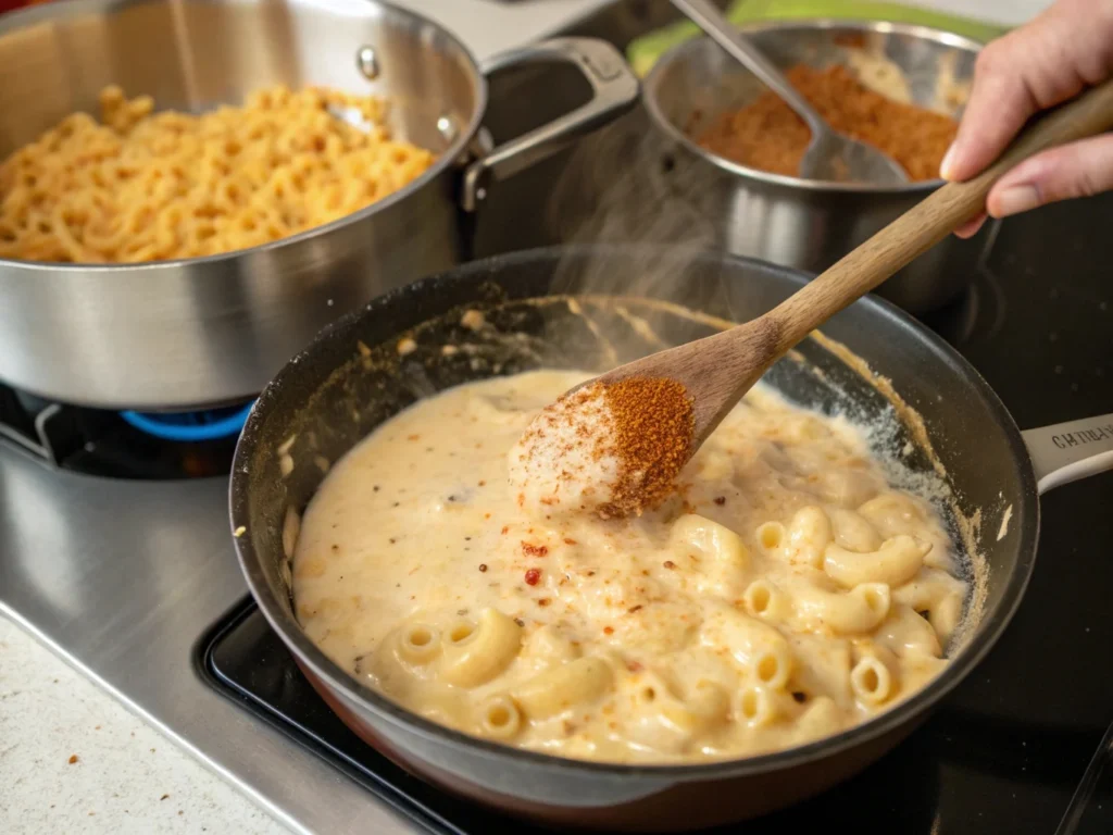 A creamy cheese sauce being stirred in a pan with a wooden spoon, with Cajun seasoning being sprinkled in for bold flavor.