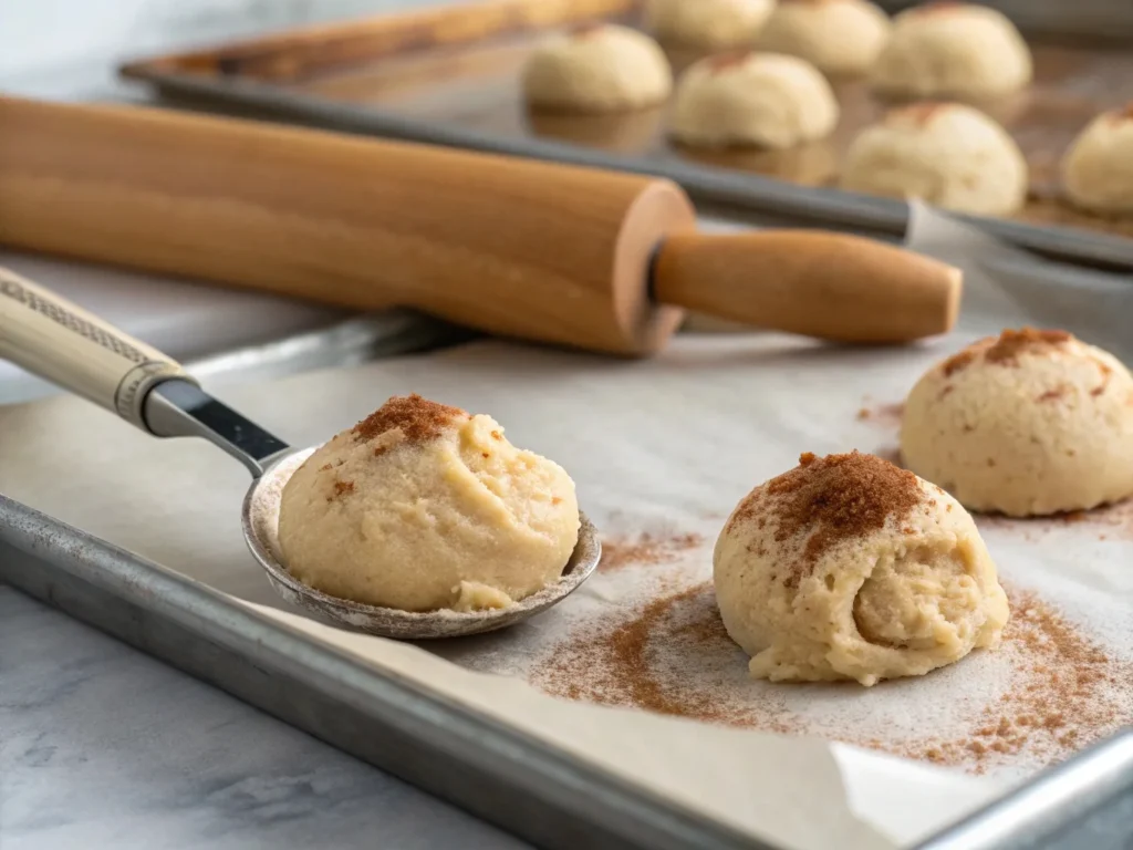 Scooping pumpkin pie cookie dough onto a baking sheet, ready for the oven. A soft, spiced dough perfect for fall baking.