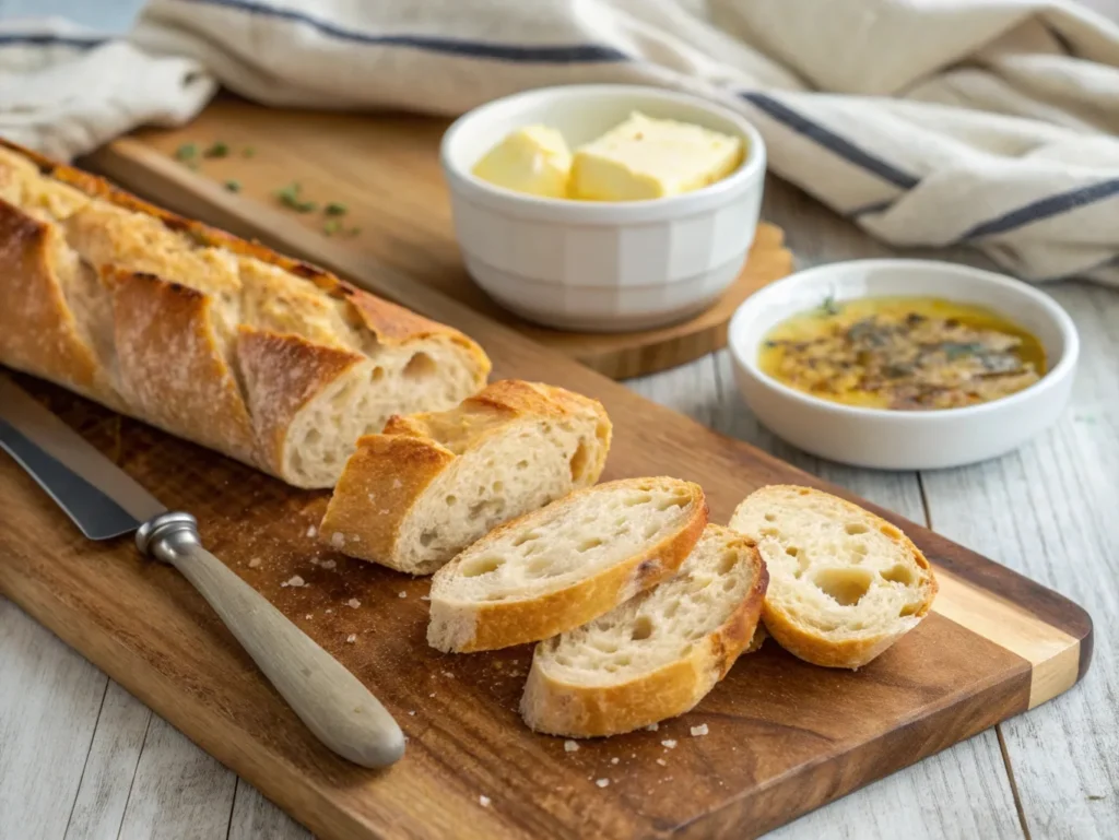 Crispy, golden-brown baguette slices on a wooden cutting board, the perfect bread to serve with French onion soup.