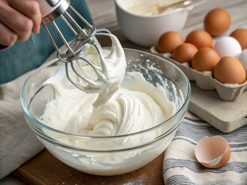 Glossy, stiffly whipped egg whites in a mixing bowl, a crucial technique for achieving a light and fluffy soufflé topping for French onion soup.