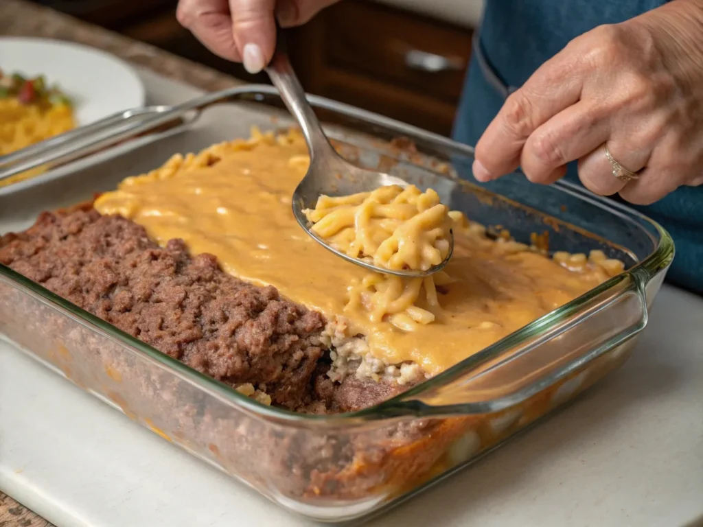 Step-by-step assembly of mac and cheese meatloaf casserole, with a meatloaf layer spread evenly in a glass baking dish and creamy mac and cheese being added on top.