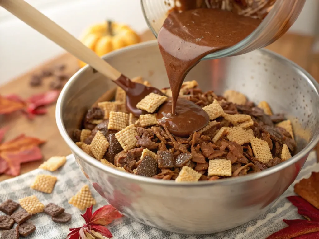  A close-up of Chex cereal being coated with melted chocolate, peanut butter, and butter in a large mixing bowl, creating the perfect Fall Buddy Mix base.