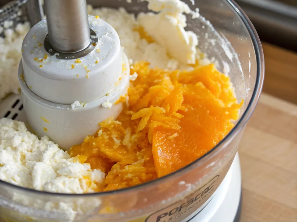 A food processor blending orange cottage cheese dip, showing a creamy and smooth consistency with fresh orange zest and juice.