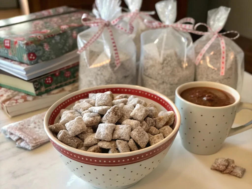 A festive serving of gluten-free homemade Muddy Buddies in a decorative bowl, with some packed in mini gift bags for sharing.