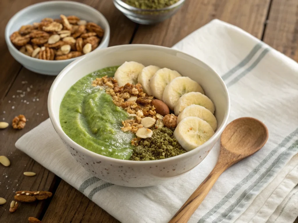 A serving of matcha overnight oats with sliced bananas, granola, and a dusting of matcha powder on top, presented in a cozy breakfast setting.