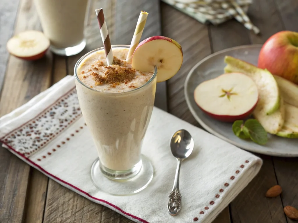 A thick and creamy quick banana smoothie served in a tall glass, topped with cinnamon, garnished with apple and banana slices, and set on a cozy breakfast table.