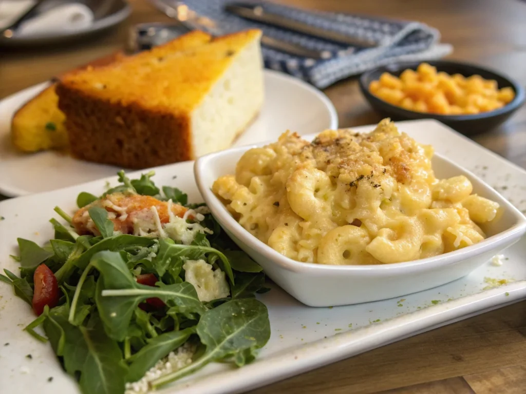  A plated serving of Louisiana-style mac and cheese with arugula salad and a slice of cornbread, creating a perfect meal combination.