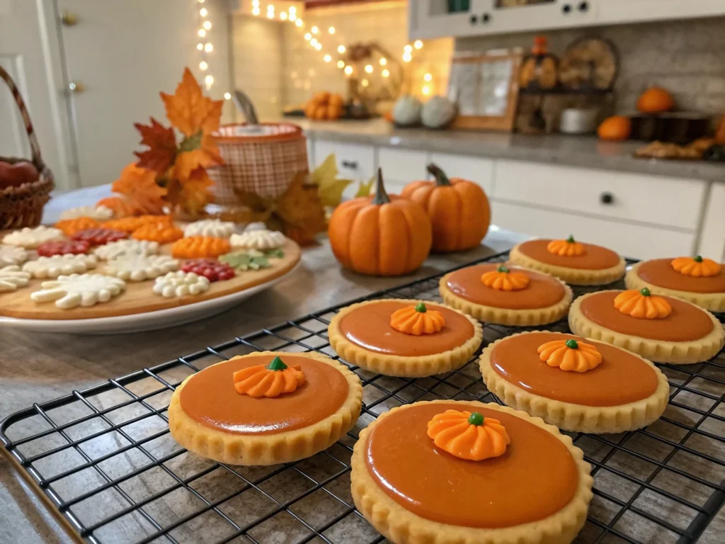 Beautifully decorated pumpkin pie cookies with pumpkin-colored glaze and icing details, displayed on a cooling rack.