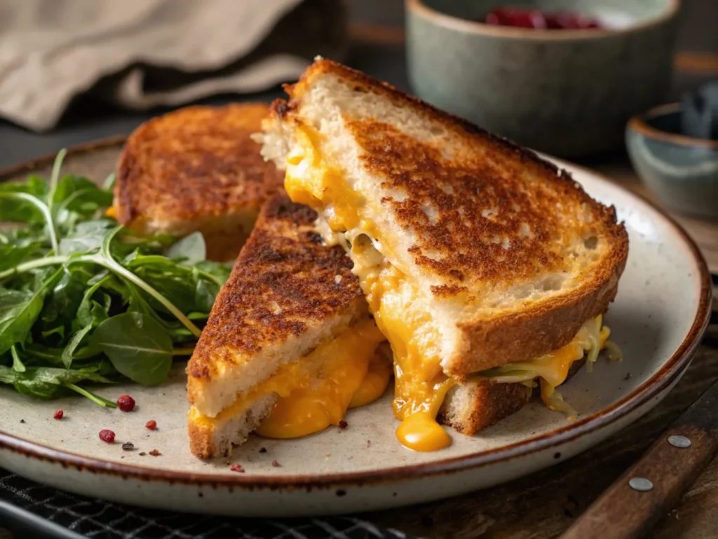 A grilled cheese sandwich with melted cheese between two crispy sourdough slices, a comforting pairing for French onion soup.