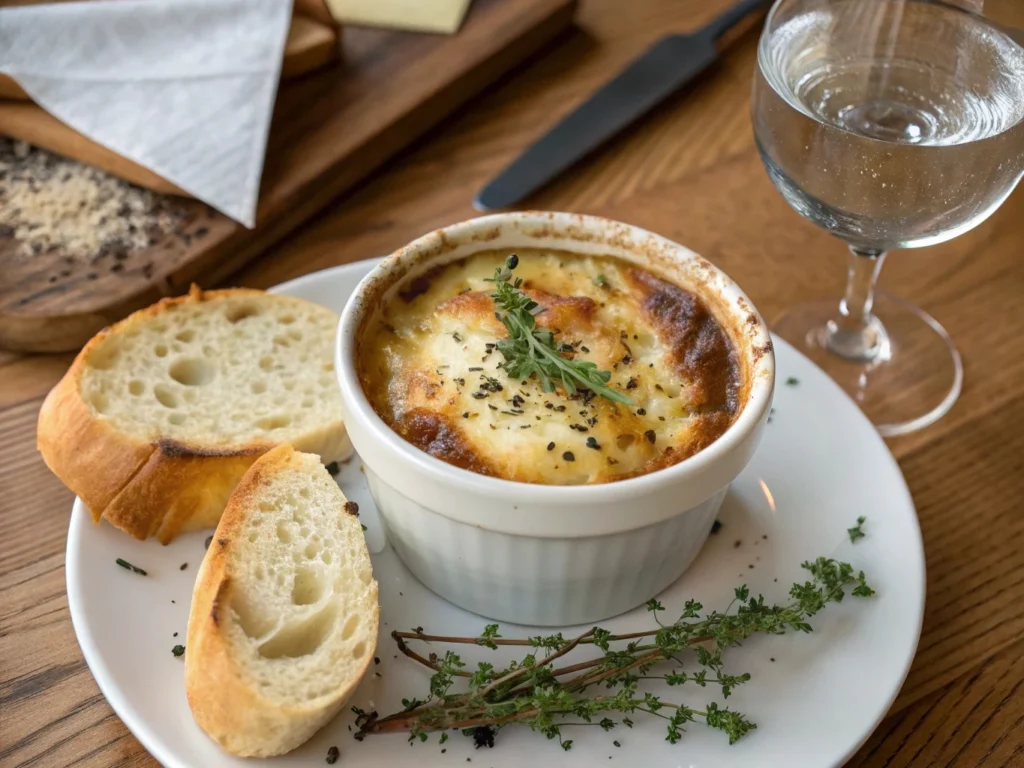 French onion soup with soufflé topping, garnished with fresh thyme and black pepper, served with crusty bread on a wooden table for an elegant meal.