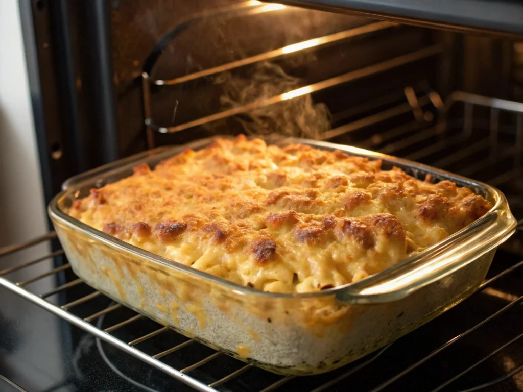 Freshly baked mac and cheese meatloaf casserole with a bubbly, crispy cheese topping, steaming hot as it comes out of the oven.