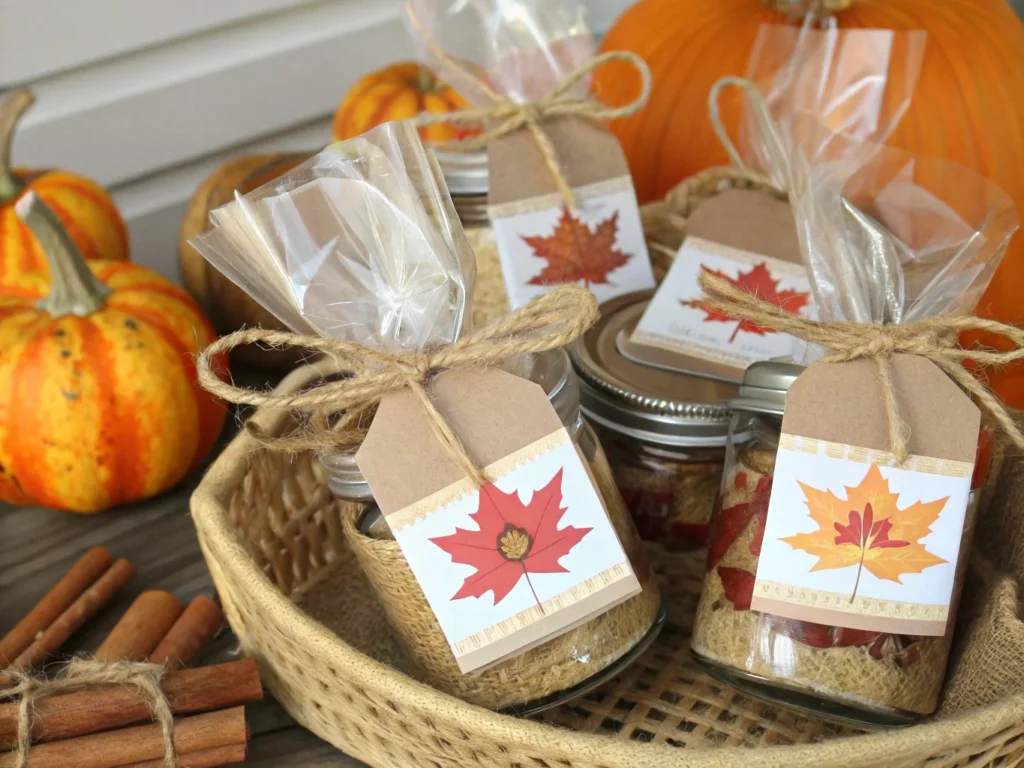 Fall Buddy Mix packaged in clear cellophane bags with burlap ribbons and mason jars with autumn-themed labels, arranged in a festive gift basket.