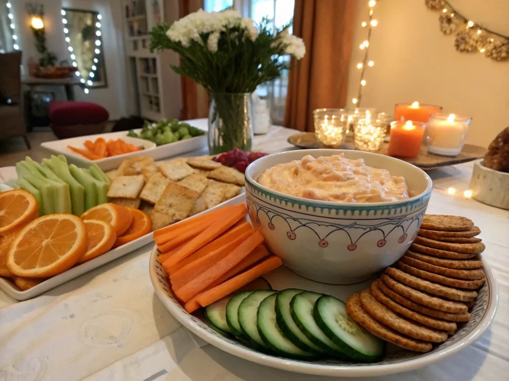 A beautifully presented Orange Cottage Cheese Dip served in a bowl, surrounded by whole grain crackers, carrot sticks, cucumber slices, and orange wedges.