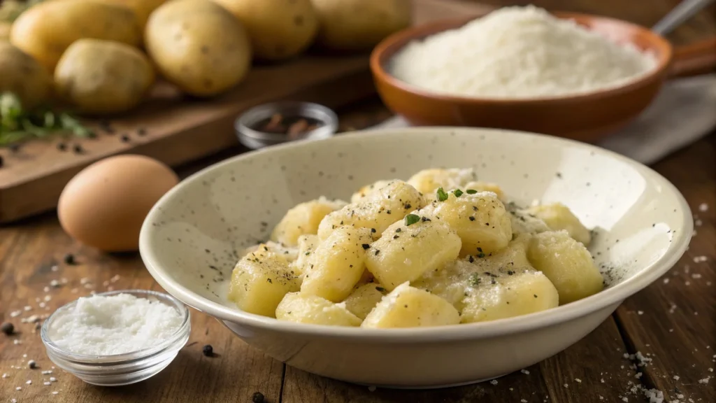 A bowl of homemade potato gnocchi with butter sauce, Parmesan cheese, and black pepper, showcasing its soft texture and nutritional value. A comforting Italian dish perfect for learning about gnocchi nutrition.