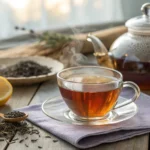 Enhance Earl Grey flavor with a perfectly brewed cup of tea, garnished with lemon and lavender, served in an elegant tea-time setup.