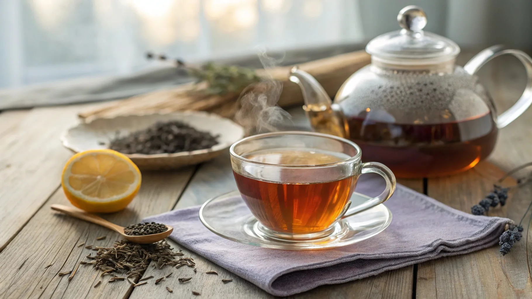 Enhance Earl Grey flavor with a perfectly brewed cup of tea, garnished with lemon and lavender, served in an elegant tea-time setup.