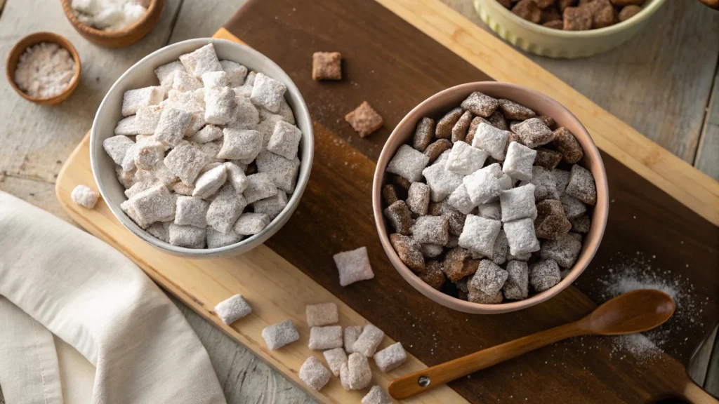 Comparison of Puppy Chow vs Muddy Buddies in bowls on a kitchen counter