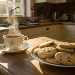 Caffeine in Earl Grey cookies – freshly baked cookies with visible tea leaves, served with a cup of Earl Grey tea in a cozy kitchen setting.