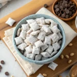 Best cereal for puppy chow – a bowl of homemade puppy chow coated in powdered sugar, surrounded by Rice Chex, chocolate chips, and peanut butter.