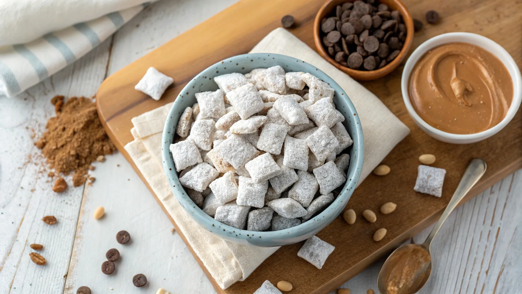 Best cereal for puppy chow – a bowl of homemade puppy chow coated in powdered sugar, surrounded by Rice Chex, chocolate chips, and peanut butter.