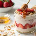 Strawberry cheesecake overnight oats recipe in a glass jar, topped with fresh strawberries, graham cracker crumbs, and a drizzle of honey.