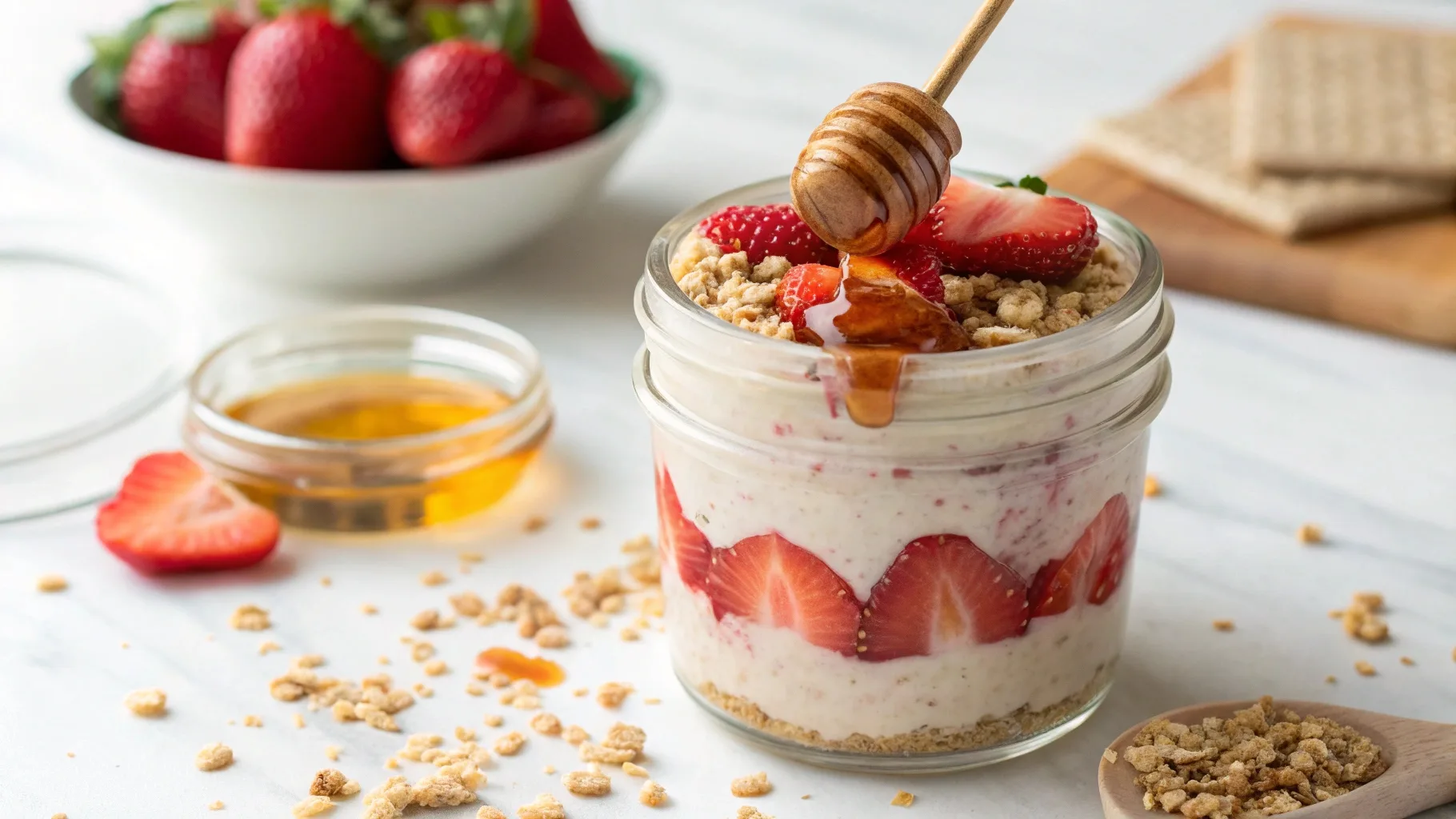 Strawberry cheesecake overnight oats recipe in a glass jar, topped with fresh strawberries, graham cracker crumbs, and a drizzle of honey.