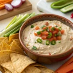 Cottage Cheese Taco Dip in a bowl, garnished with tomatoes, green onions, and shredded cheese, served with tortilla chips and veggie sticks.