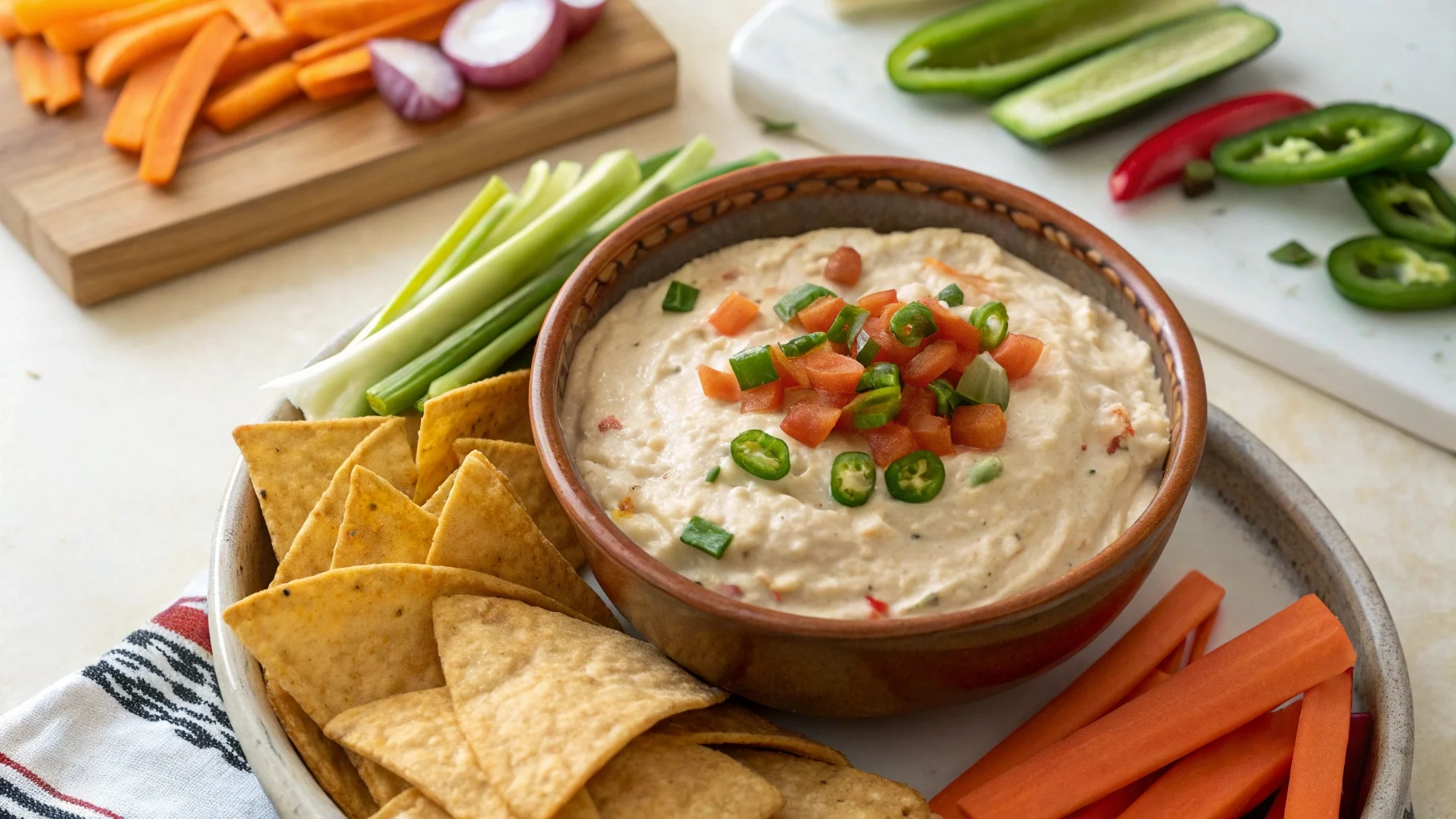 Cottage Cheese Taco Dip in a bowl, garnished with tomatoes, green onions, and shredded cheese, served with tortilla chips and veggie sticks.