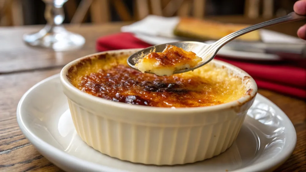 Classic crème brûlée in a white ramekin with a caramelized sugar top, cracked with a spoon to reveal creamy custard inside.