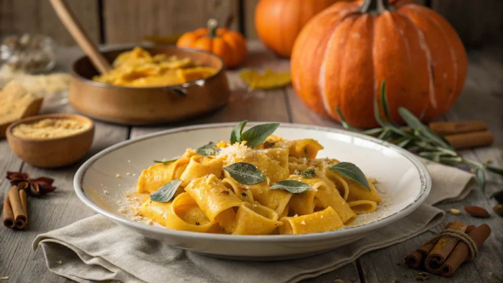 Cheesy pumpkin pasta recipe served in a rustic autumn setting, coated in a creamy pumpkin sauce with Parmesan and fresh sage.