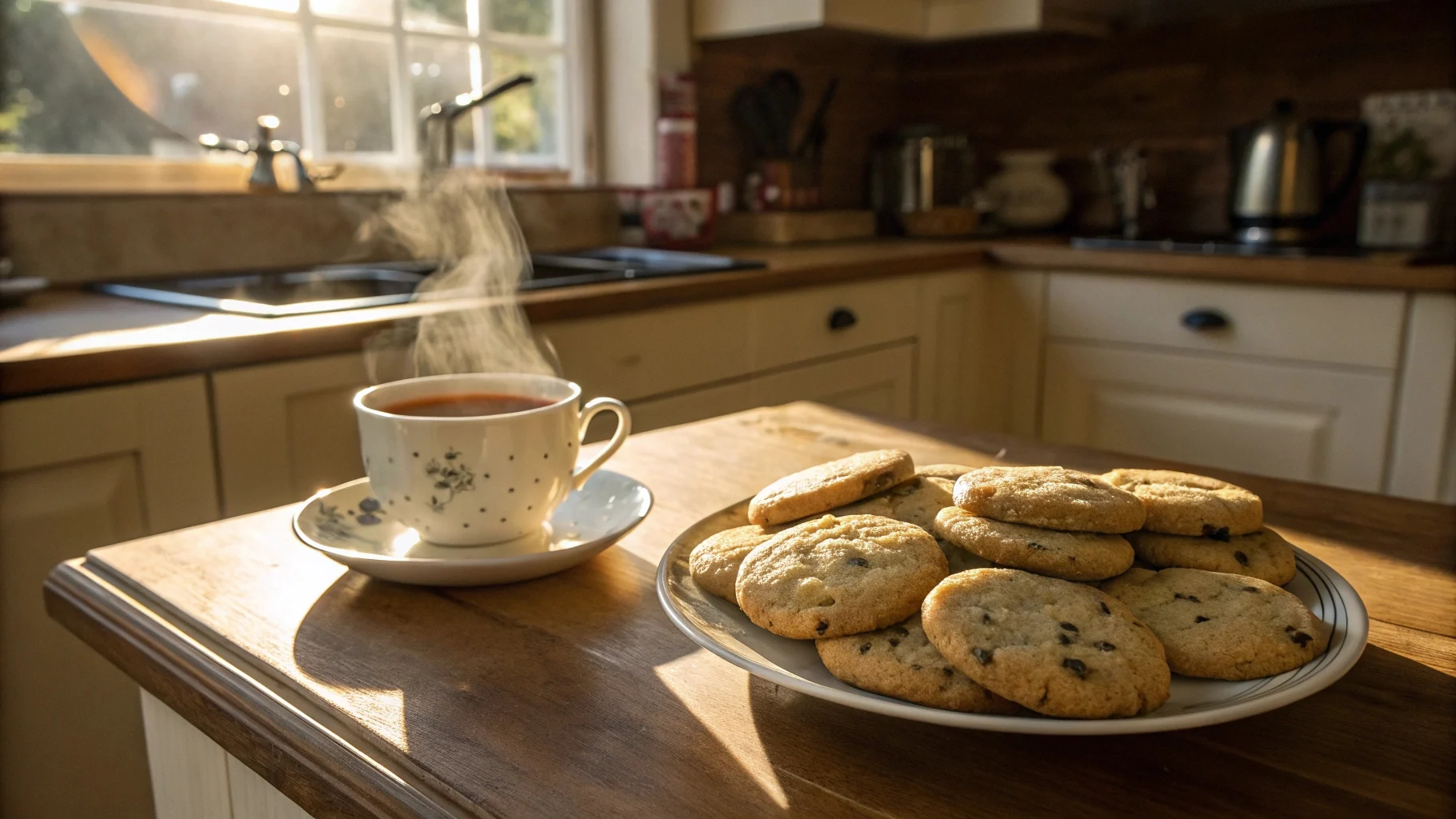 Caffeine in Earl Grey cookies – freshly baked cookies with visible tea leaves, served with a cup of Earl Grey tea in a cozy kitchen setting.