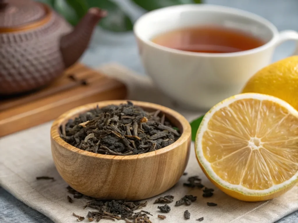 Earl Grey tea leaves with fresh bergamot orange, showcasing the natural ingredients that give Earl Grey cookies their unique flavor.