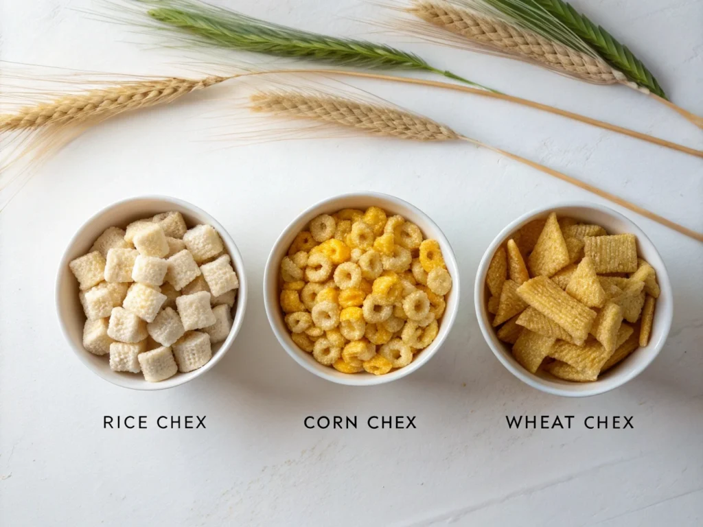 Rice Chex vs. Corn Chex vs. Wheat Chex – different cereal options for the best puppy chow recipe, displayed in separate bowls.