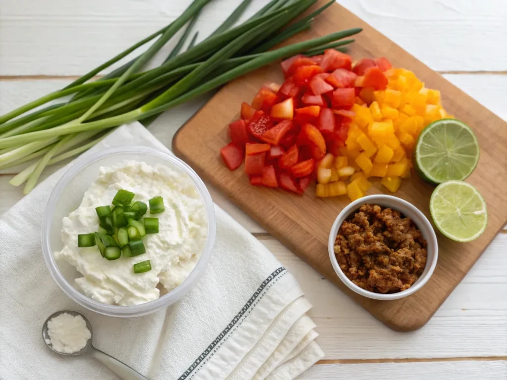 Ingredients for Cottage Cheese Taco Dip, including cottage cheese, taco seasoning, diced bell peppers, tomatoes, green onions, and lime on a wooden countertop.