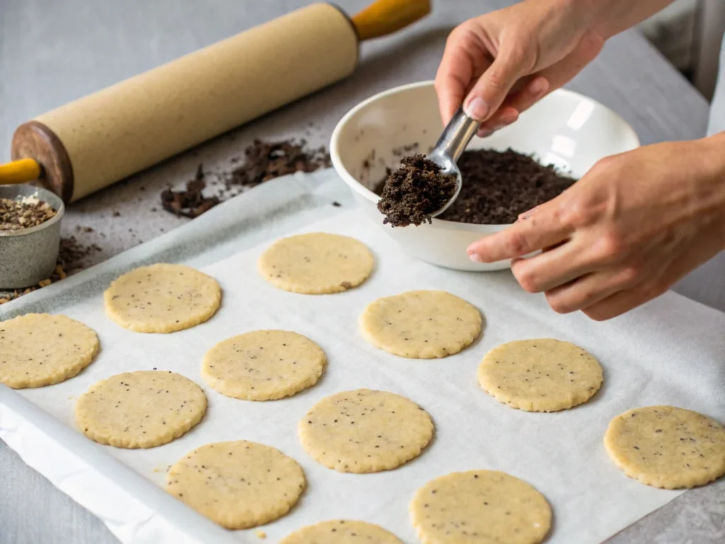 A baker mixing ground Earl Grey tea leaves into cookie dough, illustrating the process of making caffeine-infused cookies.