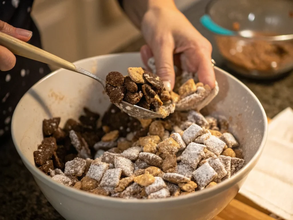 Mixing puppy chow – Rice Chex cereal coated in melted chocolate and peanut butter before adding powdered sugar.