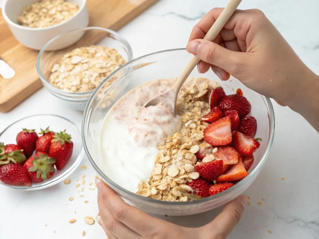 Mixing strawberry cheesecake overnight oats in a bowl with Greek yogurt, milk, and fresh strawberries for a creamy breakfast meal.