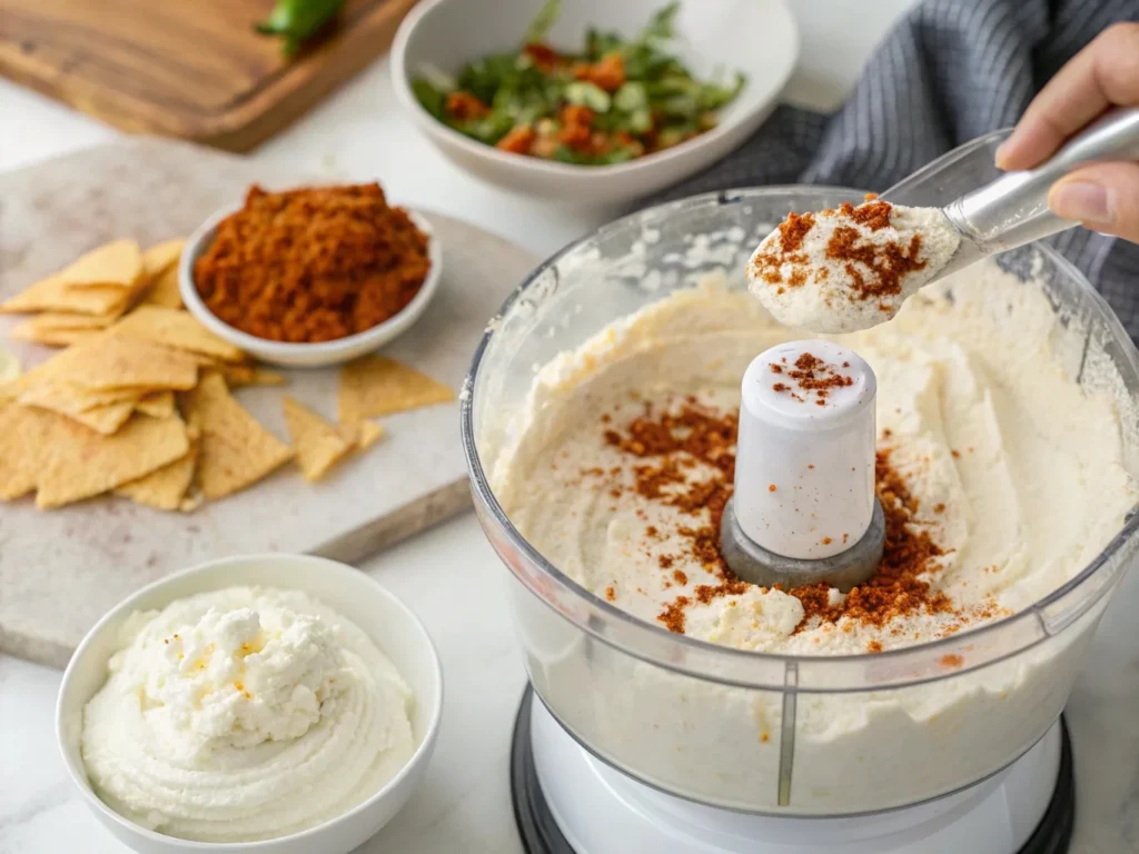 Blending cottage cheese with taco seasoning in a food processor to create a smooth and creamy high-protein taco dip.