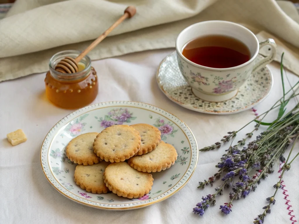 A tea-time setup featuring Earl Grey cookies on a vintage plate, paired with a steaming cup of Earl Grey tea for a perfect pairing.