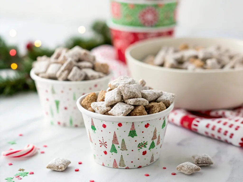 A bowl of homemade puppy chow, dusted with powdered sugar, served in decorative cups for a festive snack.